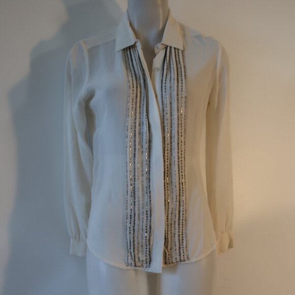 Womens Cynthia Steffe Ivory Silver 100% Silk Beaded Button-Up Blouse Top 2 - Picture 1 of 10